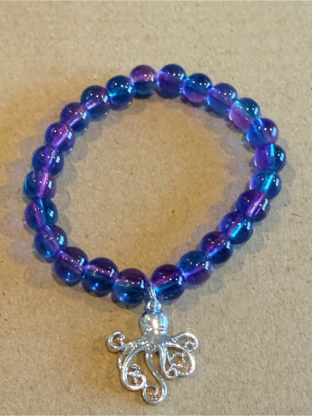 Blue & Purple/Pinkish Glass Bead Bracelet with Silver Octopus Charm
